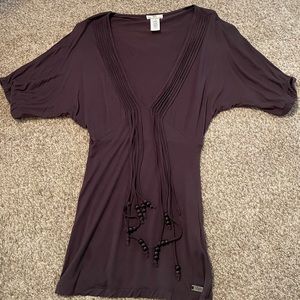 Cute short sleeve top, brown, beaded tassels